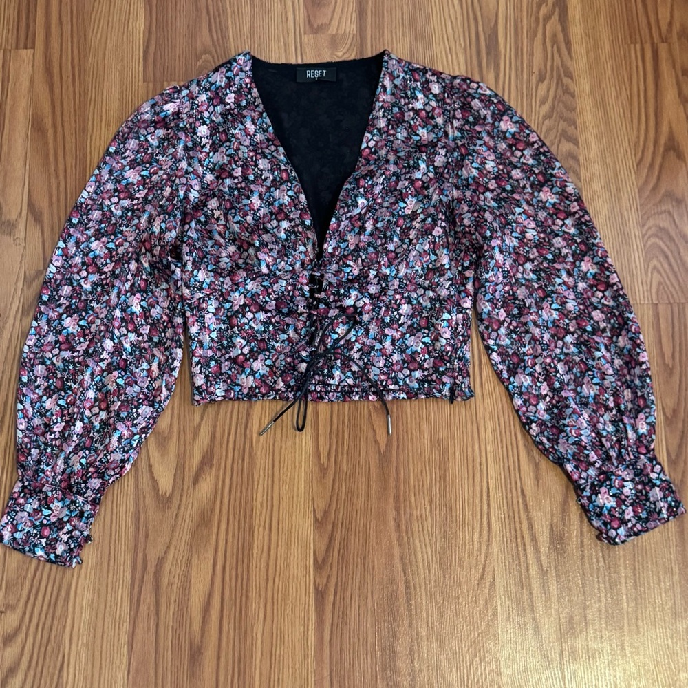 Reset Floral Lace up Long Sleeve Zip Side Crop Blouse Goth Dark Boho Cottagecore